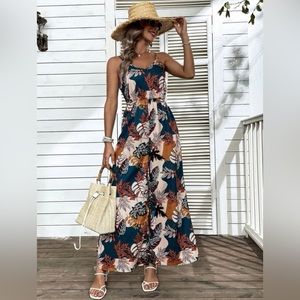 Tropical Print Shirred Wide Leg Cami Jumpsuit